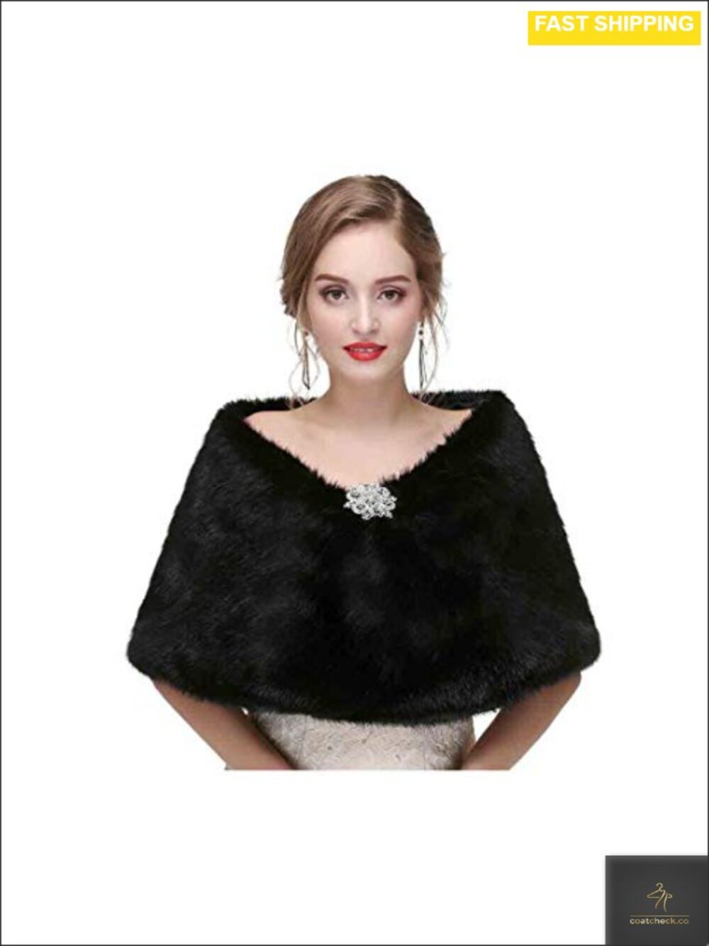 Faux Fur Wedding Shawl Wrap Sleeveless Stole Capelet with Brooch